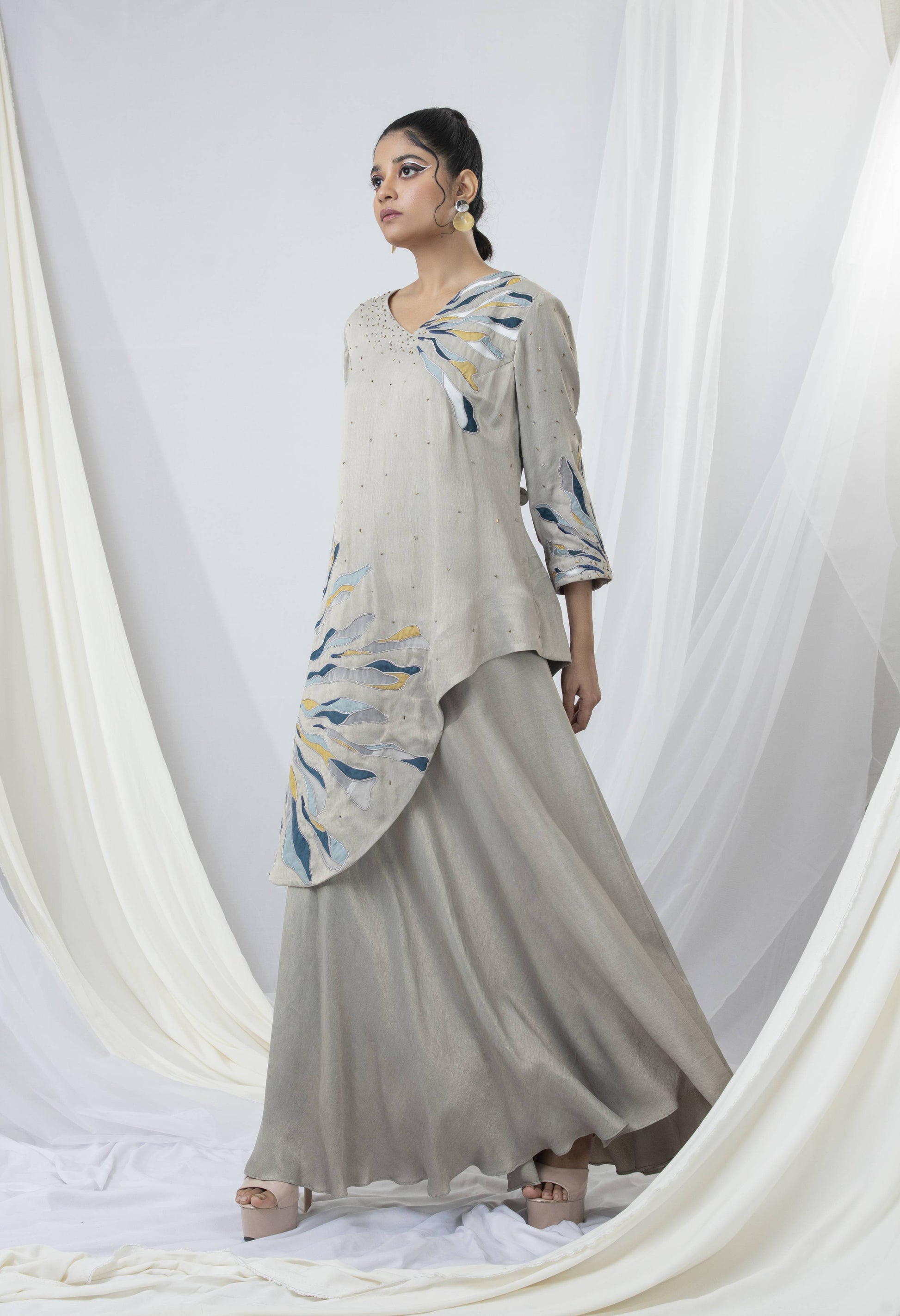 Abstract Starry Night Embroidered Layered Long Dress - Arimi - House Of Design