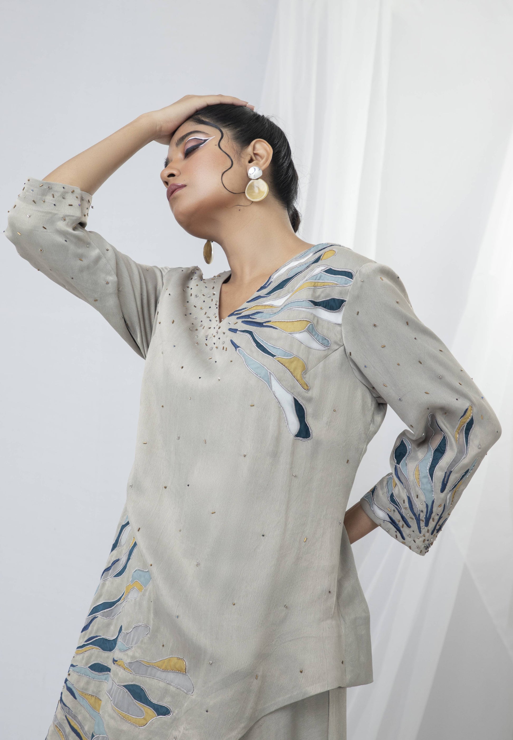 Abstract Starry Night Embroidered Layered Long Dress - Arimi - House Of Design