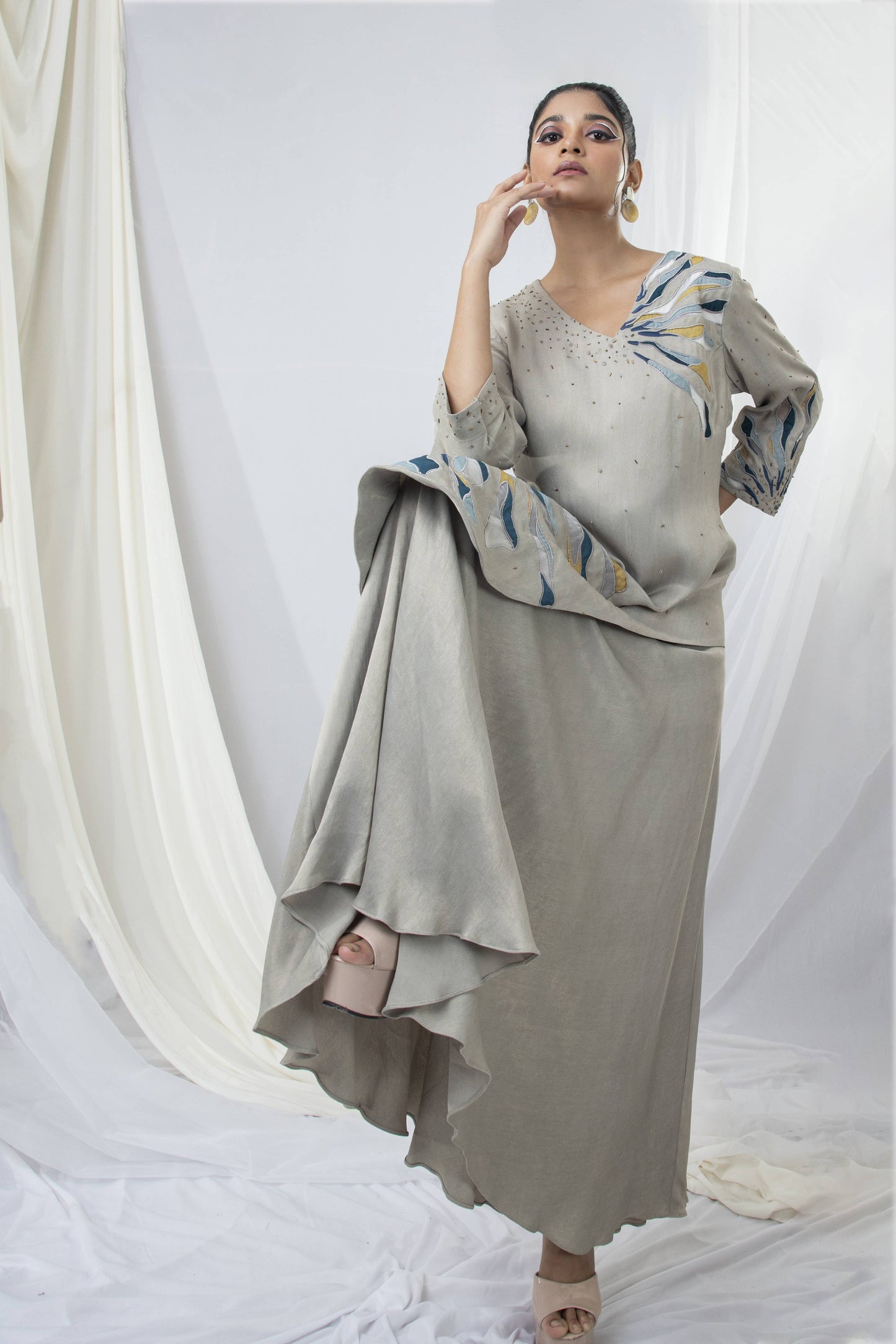 Abstract Starry Night Embroidered Layered Long Dress - Arimi - House Of Design