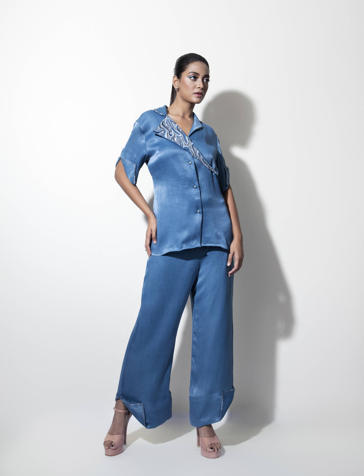 Asymmetric Lapel Embroidered Co-ord Set - Arimi - House Of Design