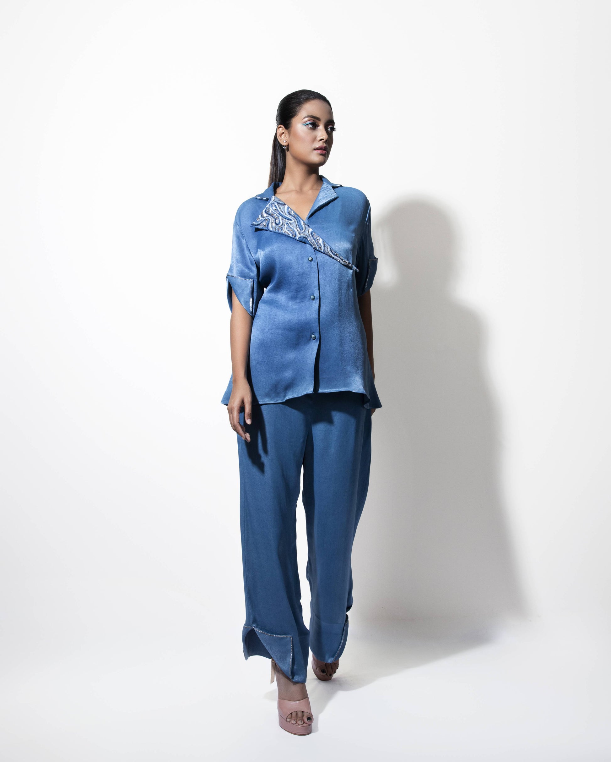 Asymmetric Lapel Embroidered Co-ord Set - Arimi - House Of Design