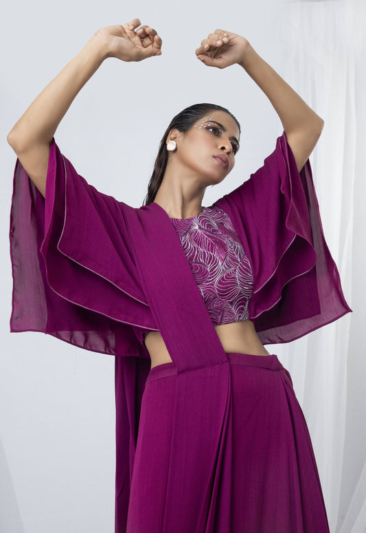 Abstract Flora Fusion Handkerchief Sleeve Drape Saree - Arimi - House Of Design