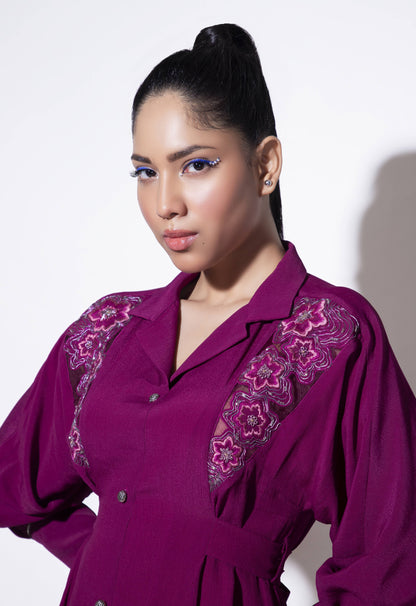 V Panel Floral Embroidered Dress - Arimi - House Of Design