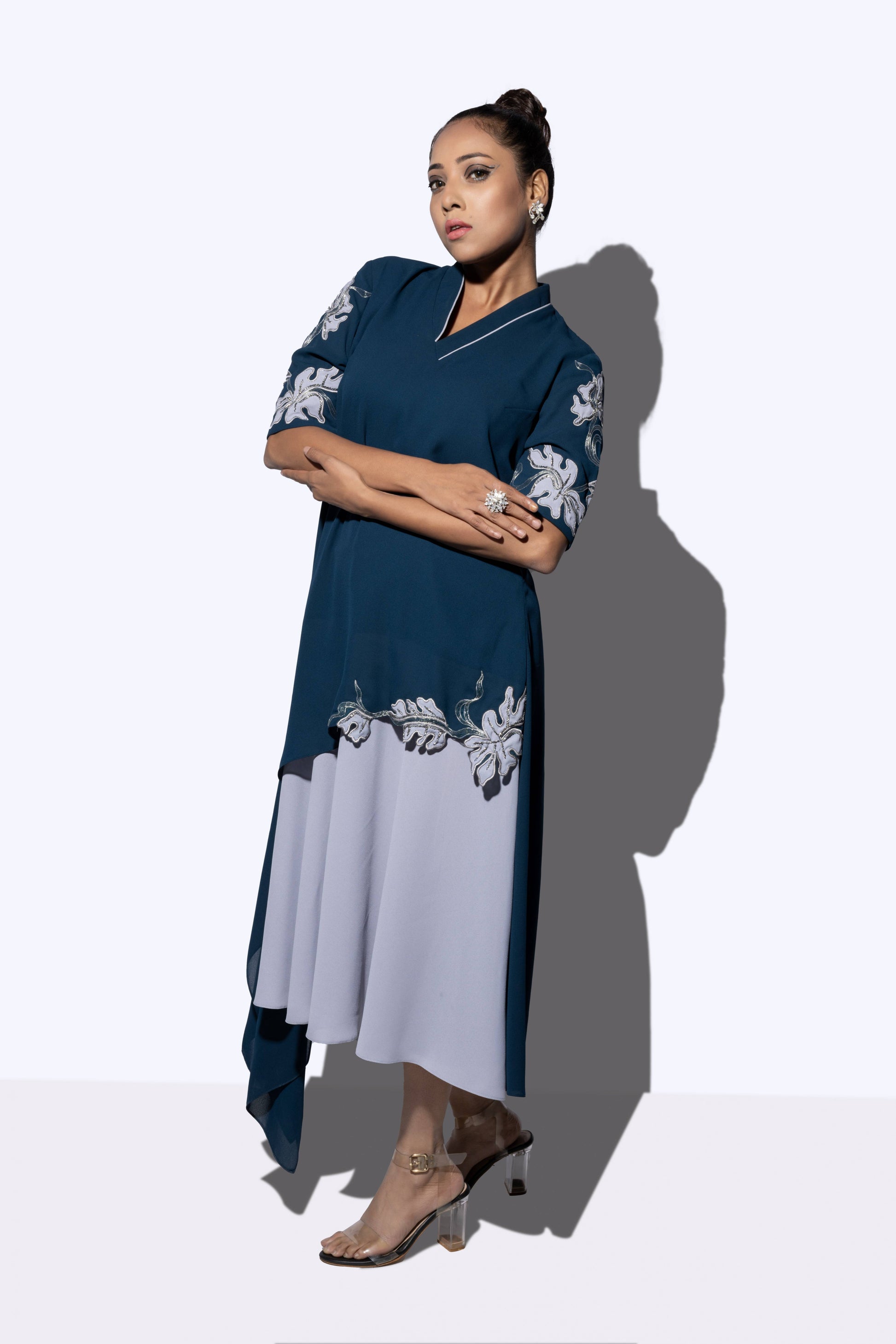 Floral Cascade Bi Layered Asymmetrical Dress - Arimi - House Of Design