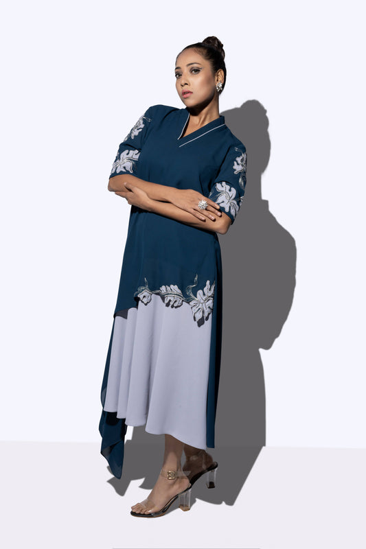 Floral Cascade Bi Layered Asymmetrical Dress - Arimi - House Of Design