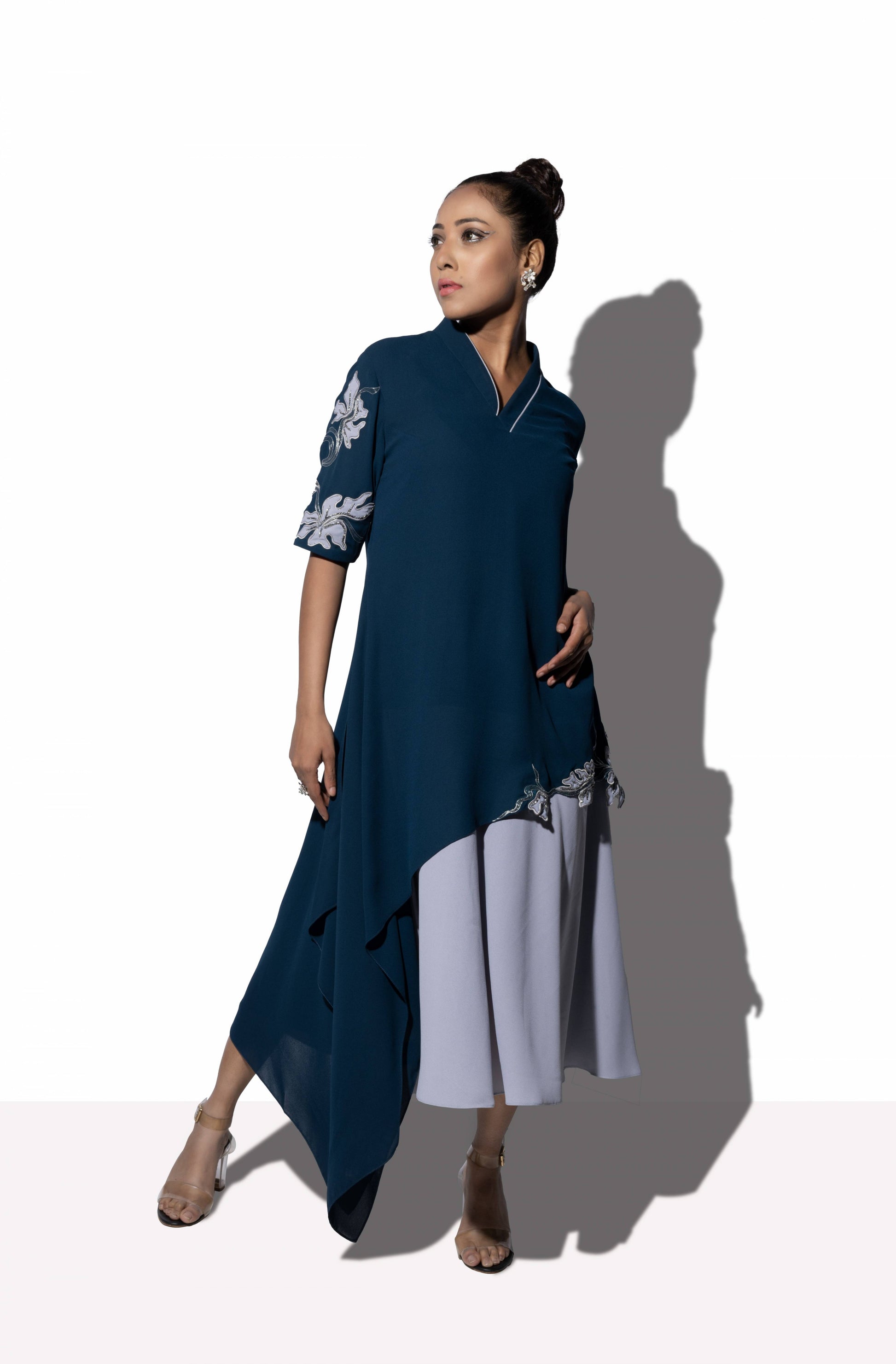 Floral Cascade Bi Layered Asymmetrical Dress - Arimi - House Of Design