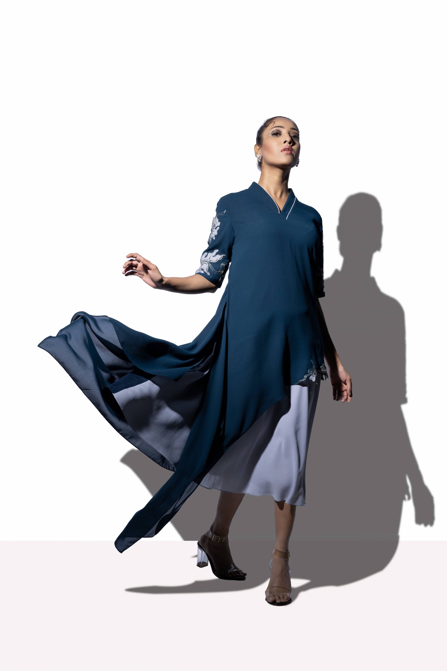 Floral Cascade Bi Layered Asymmetrical Dress - Arimi - House Of Design