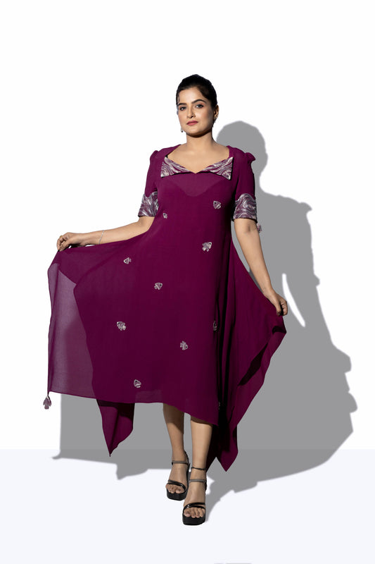 Diamond Neck Flap Collar Placement Embroidery Dress - Arimi - House Of Design