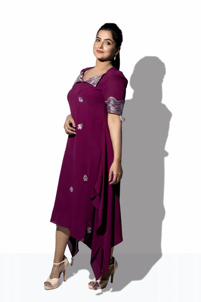 Diamond Neck Flap Collar Placement Embroidery Dress - Arimi - House Of Design