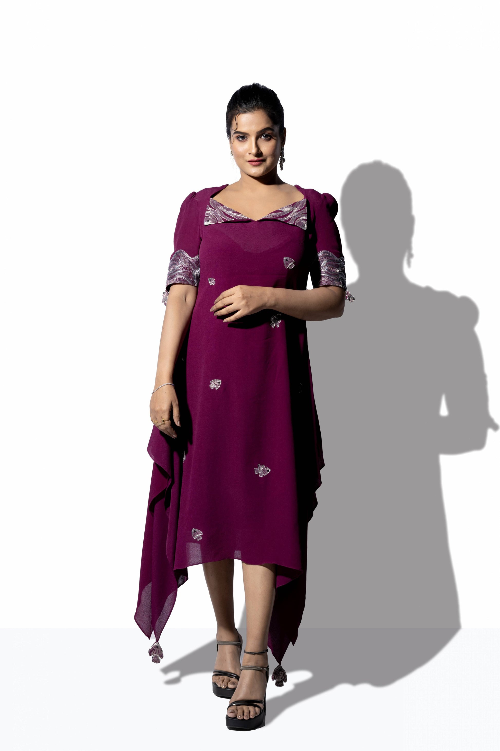 Diamond Neck Flap Collar Placement Embroidery Dress - Arimi - House Of Design
