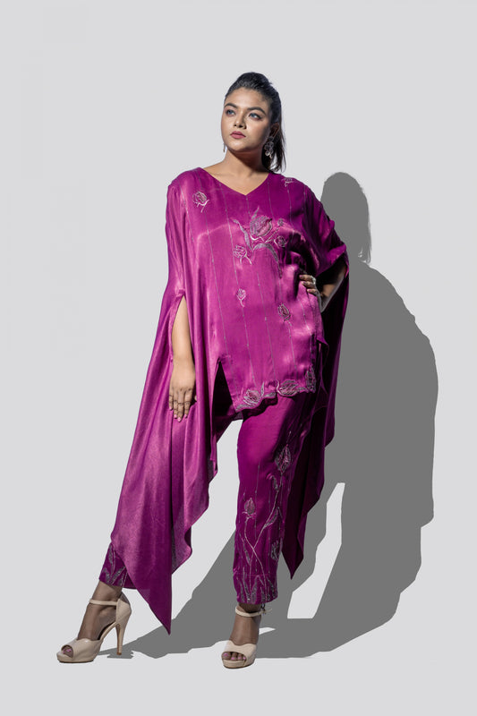 High Hem Embroidered Magenta Kaftan Set - Arimi - House Of Design