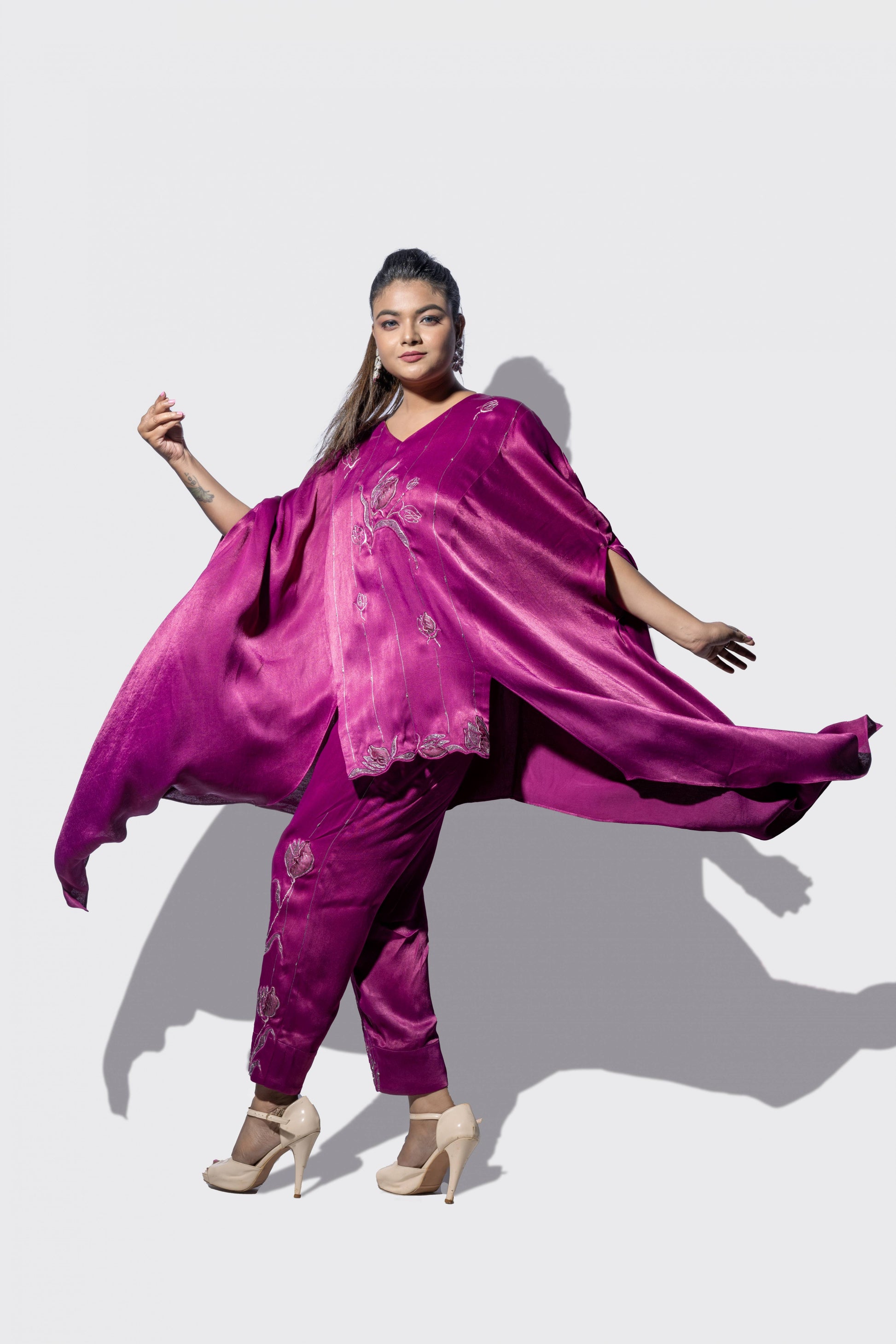 High Hem Embroidered Magenta Kaftan Set - Arimi - House Of Design