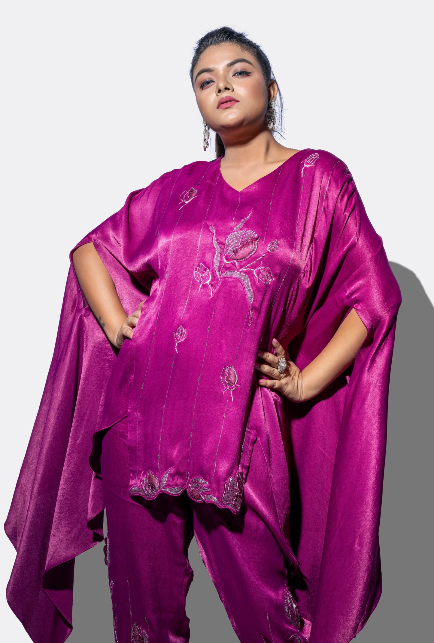 High Hem Embroidered Magenta Kaftan Set - Arimi - House Of Design