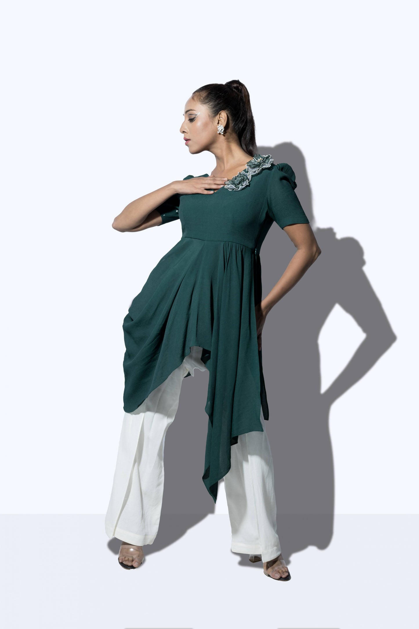Bottle green waistcut cowl wrap around set