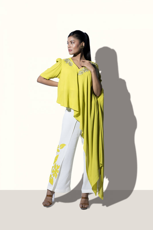 Bias Floral Embroidered Top with Wrap Around Trousers
