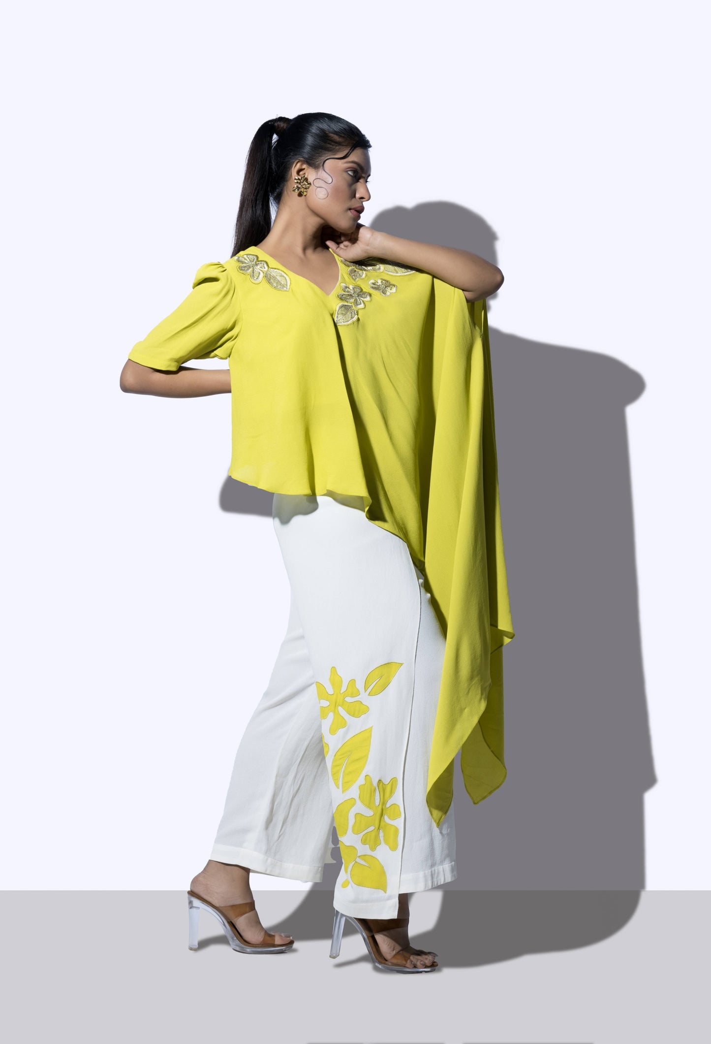 Bias Floral Embroidered Top with Wrap Around Trousers