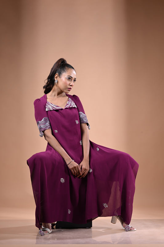 Diamond Neck Flap Collar Placement Embroidery Dress