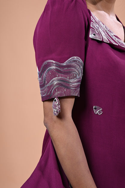 Diamond Neck Flap Collar Placement Embroidery Dress