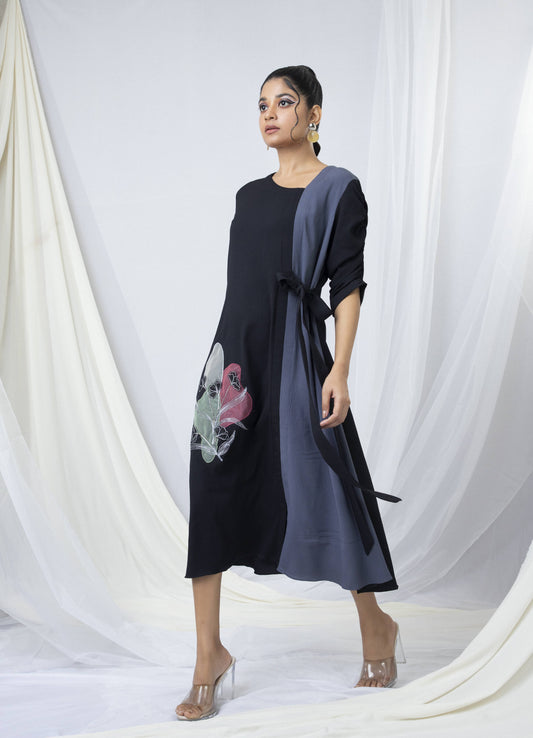 Bi-colour Tie-up A Line Dress with Floral Embroidery