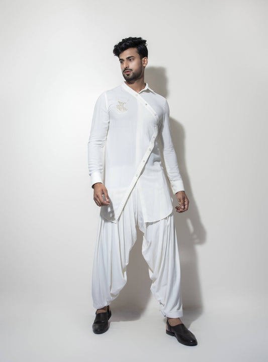Asymmetric One Collar Kurta Set with Patch Embroidery Detail