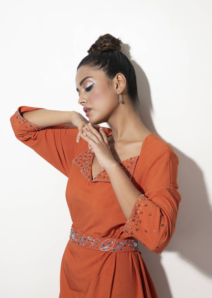 Diamond Neck Detail Long Dress with Handkerchief Hem