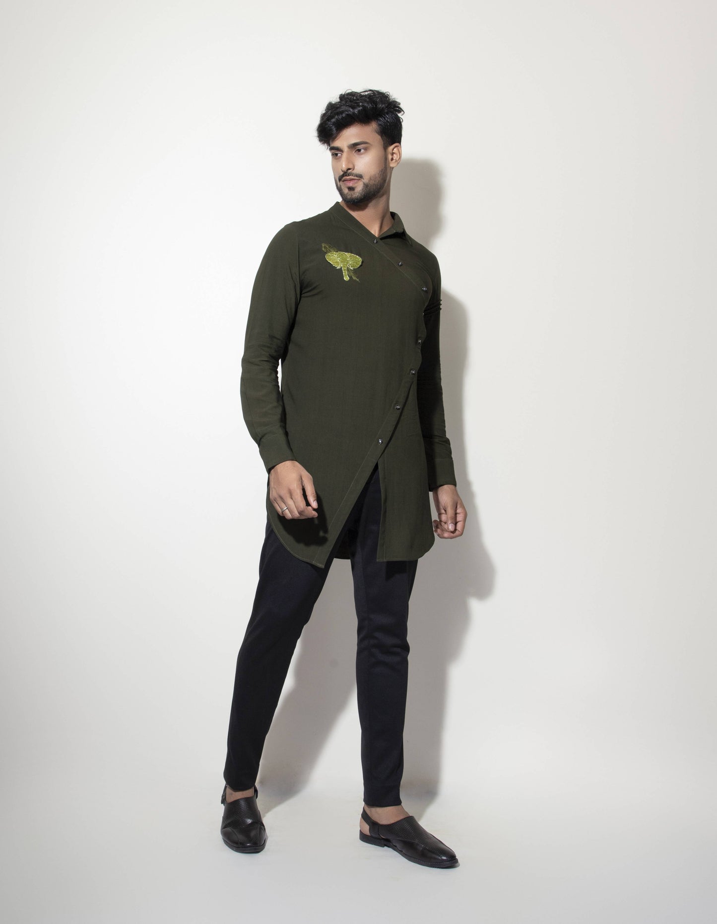 Asymmetric One Collar Kurta with Patch Embroidery &  Sleeve  Detail