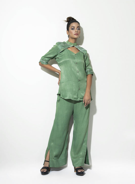 V-Neck Hanging Collar Embroidered Co-ord Set - Arimi - House Of Design