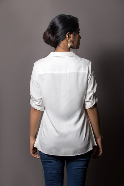 White handfan embroidered shirt - Arimi - House Of Design