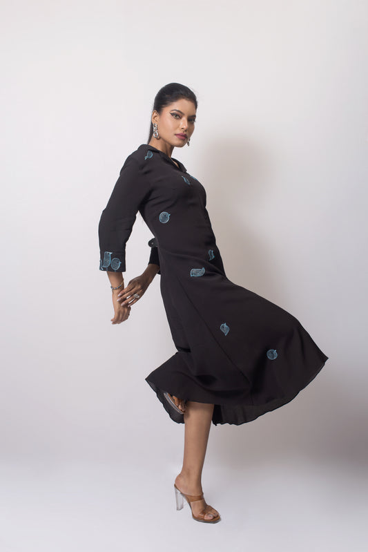 Bird Placement Embroiery  A-Line Dress (Gold Zari Bird Embroiery / Blue Zari Bird Embroiery) - Arimi - House Of Design