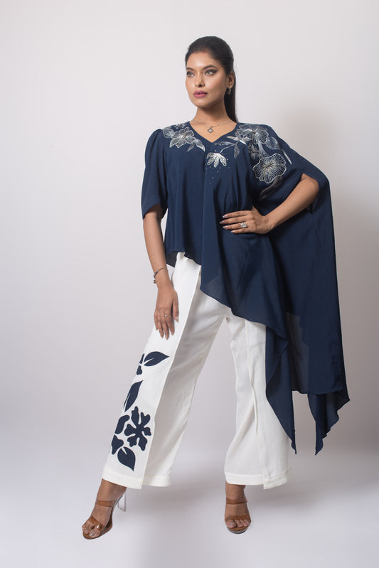 Bias Floral Embroidered Top with Wrap Around Trousers