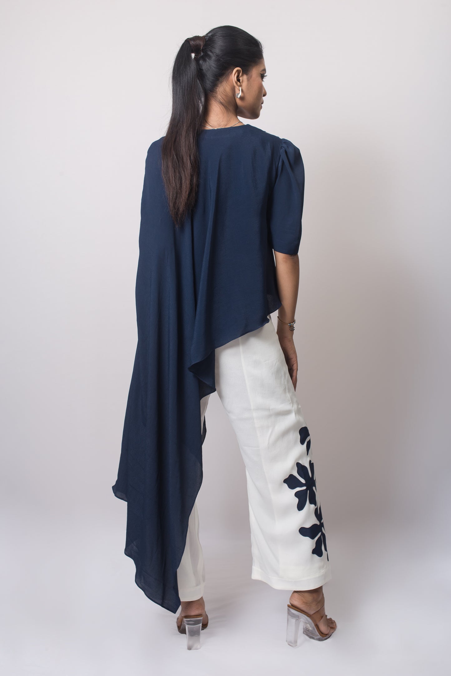 Bias Floral Embroidered Top with Wrap Around Trousers