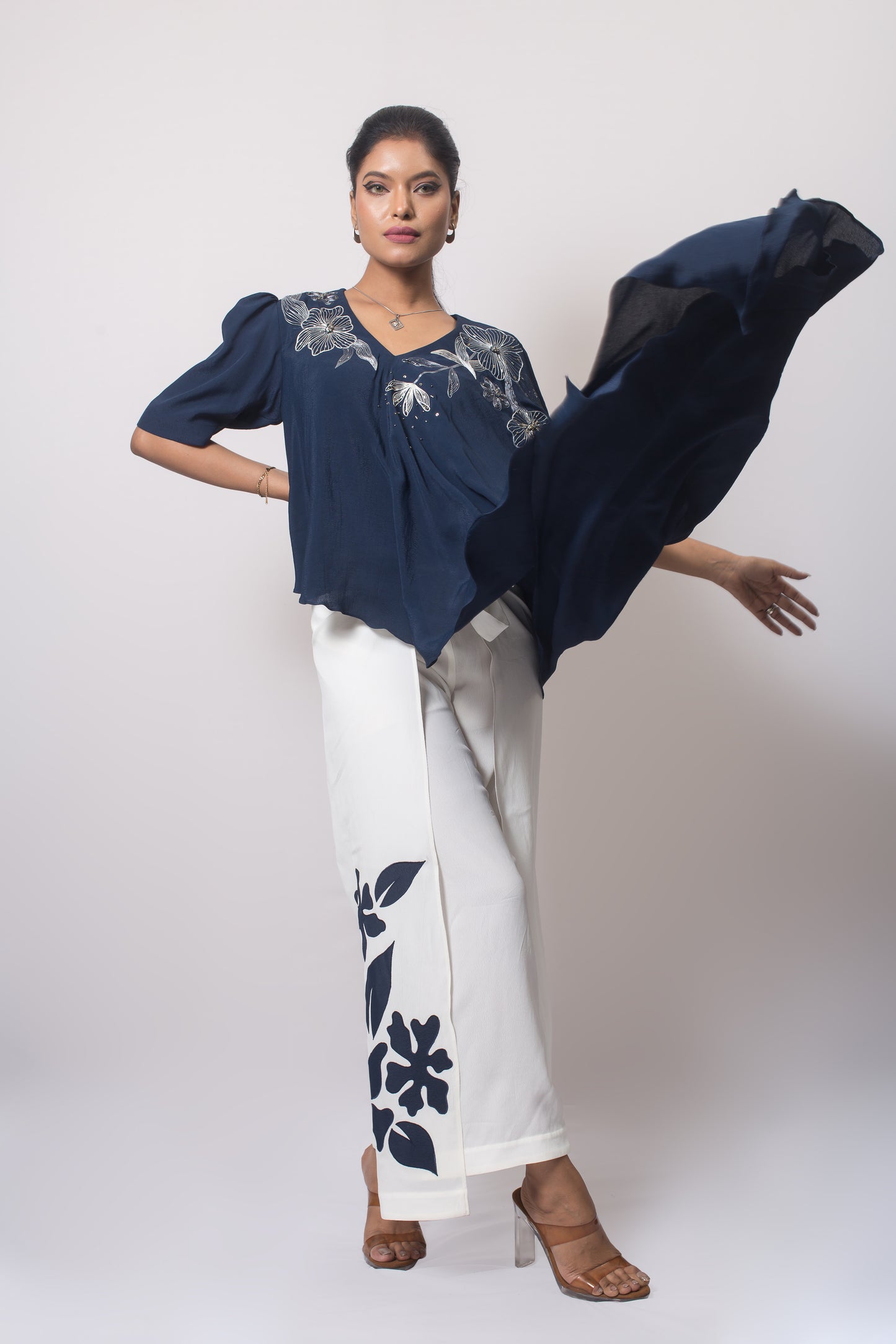 Bias Floral Embroidered Top with Wrap Around Trousers