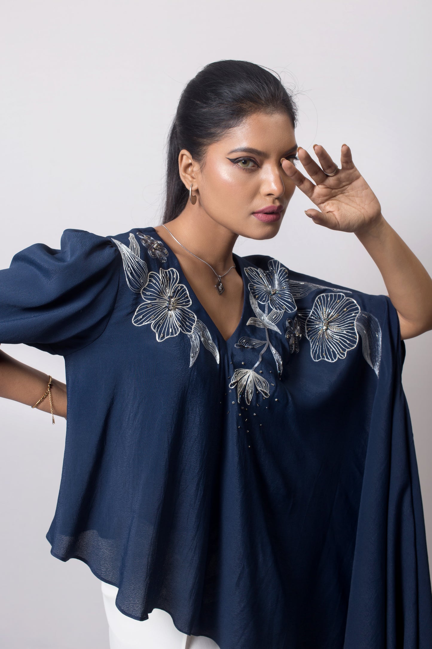Bias Floral Embroidered Top with Wrap Around Trousers