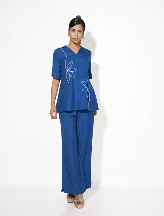 Floral Embroidered Cuban Collar Co-ord Set - Arimi - House Of Design