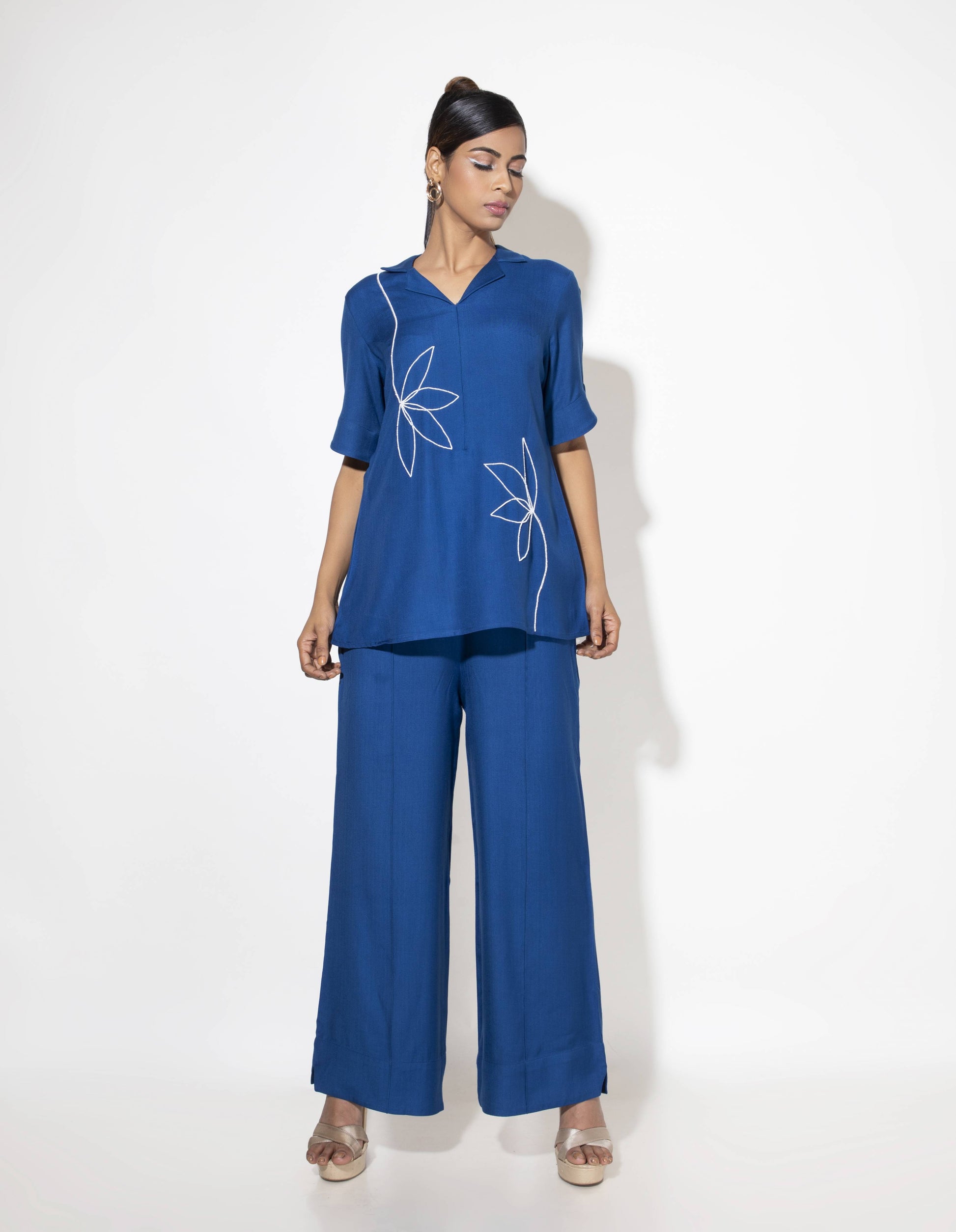 Floral Embroidered Cuban Collar Co-ord Set - Arimi - House Of Design