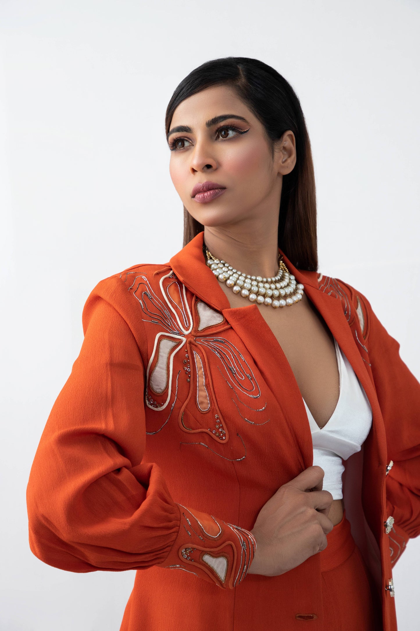 Bishop Flow-n-floral  embroided orange blazer