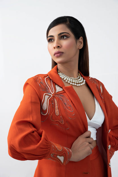 Bishop Flow-n-floral  embroided orange blazer