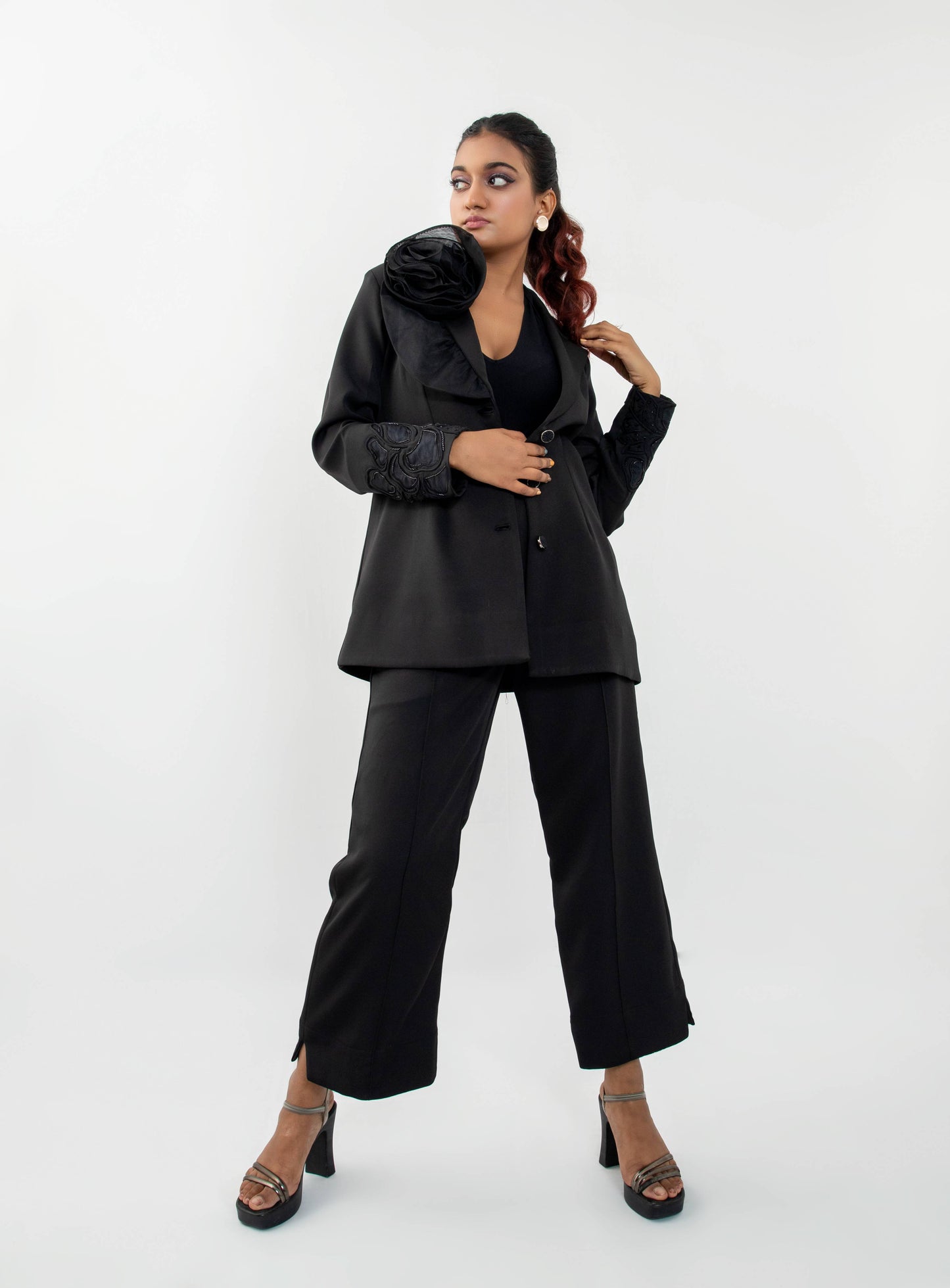 3D Rose collar black  blazer set - Arimi - House Of Design