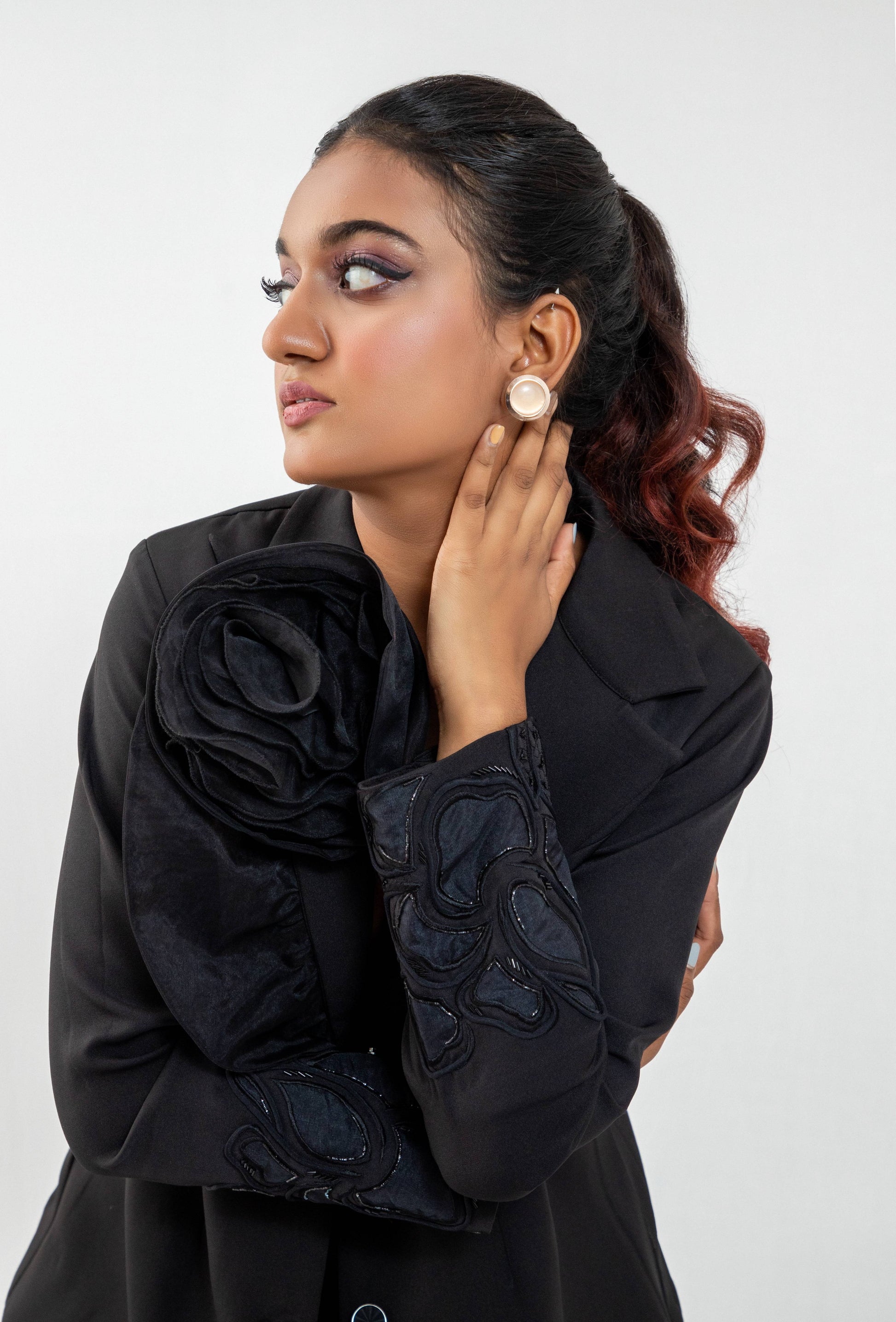 3D Rose collar black  blazer set - Arimi - House Of Design
