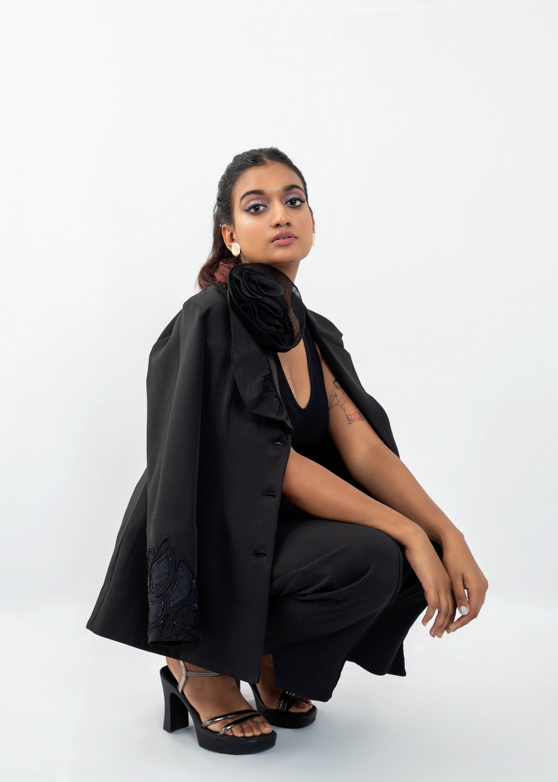 3D Rose collar black  blazer set - Arimi - House Of Design