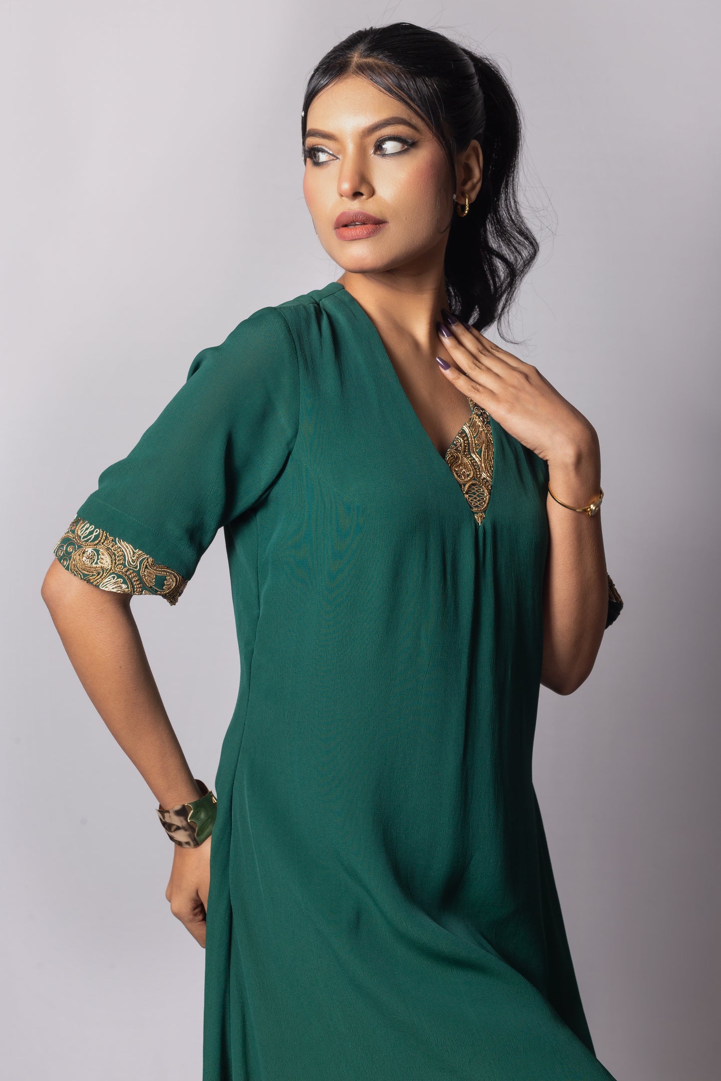 Asymmetric Zari Neck High-Low Dress