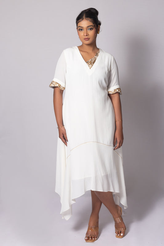Asymmetric Zari Neck High-Low Dress