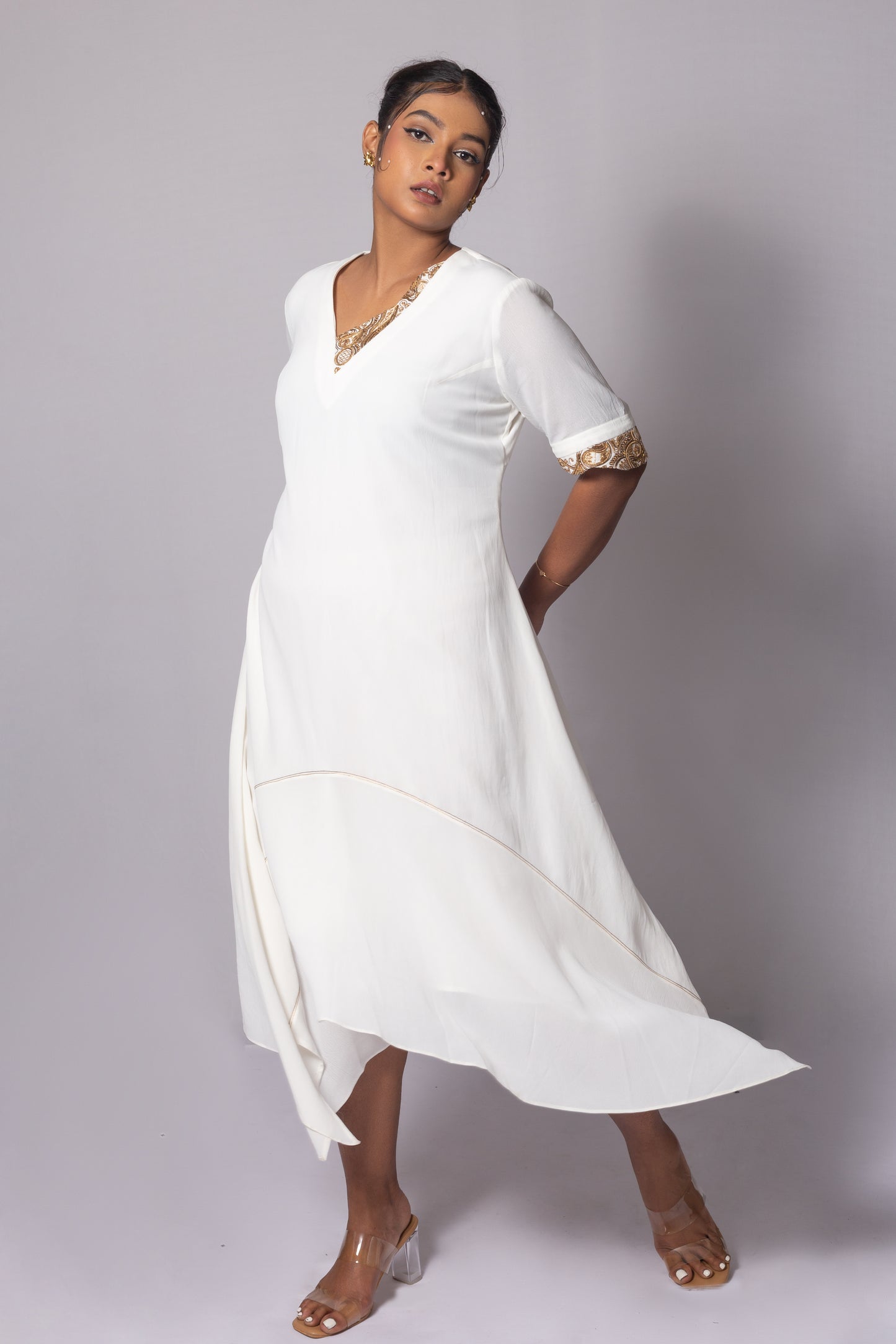 Asymmetric Zari Neck High-Low Dress