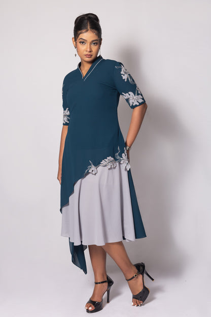 Floral Cascade Bi Layered Asymmetrical Dress